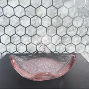 Smoky Rose pink Glass Trinket Dish 4.75” Square Handmade Bubble Art Tray
